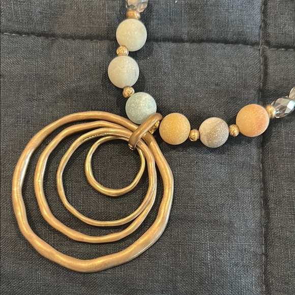 Gold and Blue Beaded Necklace with Concentric Pendant - Picture 6 of 6
